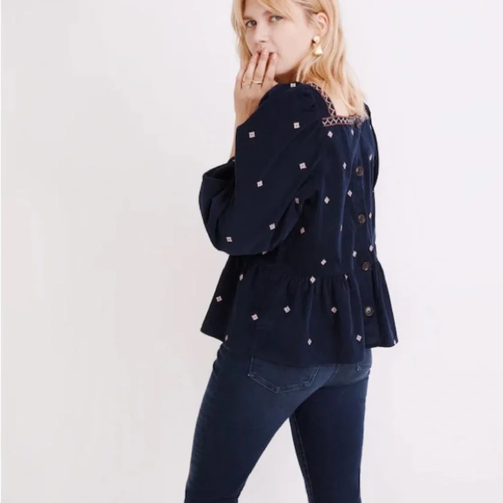 MADEWELL Embroidered Velvet Square Neck Corduroy Button-Back Peplum Boho Top